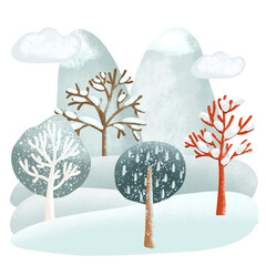 Illustration of winter cartoon landscape, isolated illustration on a white background