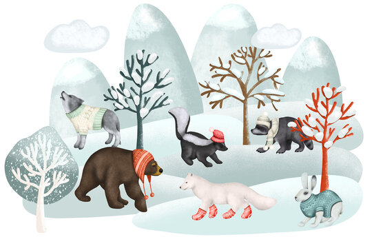 Illustration of woodland animals in warm clothes in winter forest landscape, forest cute characters illustration on white background