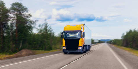 Fototapeta premium Truck transportation on island Finland road at sunny day. Concept banner logistic cargo speed