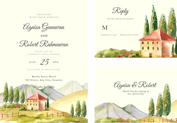 Wedding Invitation set with watercolor tuscany hills of italy