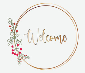 Welcome background with line art green leaves round wreath vector design template