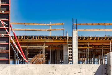 Formwork for pouring the second floor of a monolithic building. Reinforcement of walls and ceiling....
