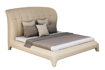 3d Furniture beige leather double bed isolated on a white background, Decoration Design for bedroom
