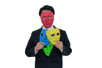 Businessmen wear red mask and hide many masks in suit.