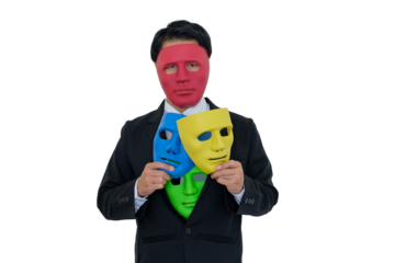Businessmen wear red mask and hide many masks in suit.