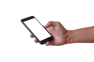 Phone in right hand on white background.