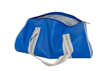 Open blue bag on white background.