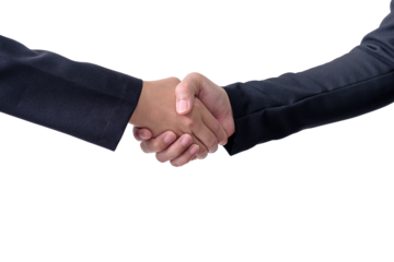 Two businessmen shake hands on white background.