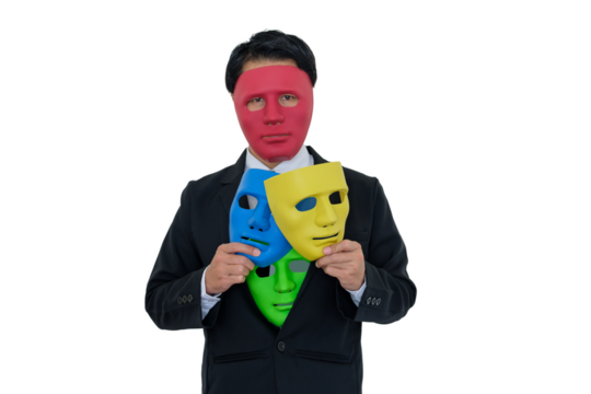 Businessmen wear red mask and hide many masks in suit.