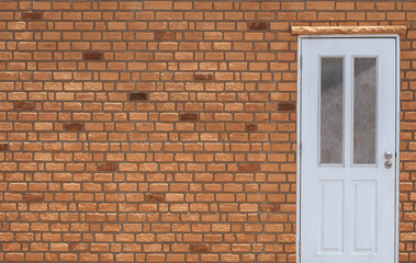 Background and texture of white wooden door on prefabricated brick wall panel of vintage house