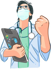 doctor 
wearing medical robe with stethoscope standing in fighting pose