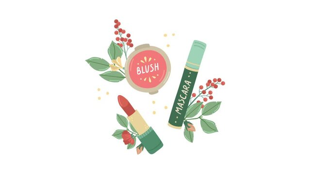 Animation of vector illustration of beauty products for makeup. 