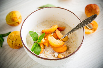 Healthy breakfast of apricot oatmeal with fresh fruit