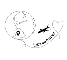 An airplane icon with a globe. The route with the destination. Vector illustration in linear style for logo