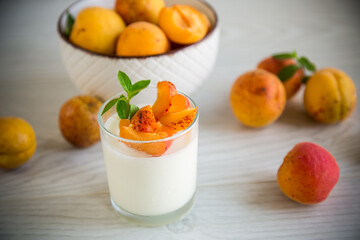 Healthy breakfast of homemade yogurt in a glass with fresh apricots