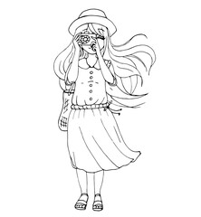 Fototapeta na wymiar vector coloring page with cute cartoon anime girl