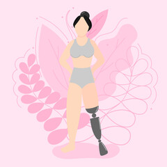 Vector illustration on the theme of body positivity. A girl with a prosthetic leg, with black hair gathered in a bun against a background of beautiful leaves. Flat style