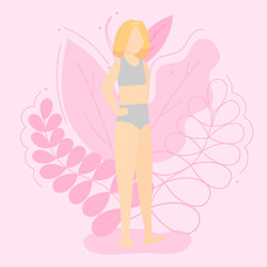 Vector illustration on the theme of body positivity. A girl with flat shapes, with a short hairstyle and blonde hair on a background of beautiful leaves. Flat style