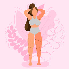 Vector illustration on the theme of body positivity. A girl who refused to shave her body, with hair on her legs and armpits against a background of beautiful leaves. Flat style