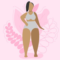 Vector illustration on the theme of body positivity. A girl with wide hips, with a very short haircut on the background of beautiful leaves. Flat style