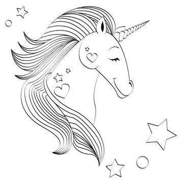 Vector image on a white background "Unicorn surrounded by stars and circles"