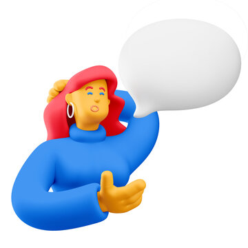 3d illustration. Cartoon girl 3d character with bubble talk. Conversation concept. 
