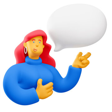3d illustration. Cartoon girl 3d character with bubble talk. Conversation concept. 