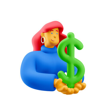 3d illustration. Cartoon girl 3d character with dollar sign. Financial concept.