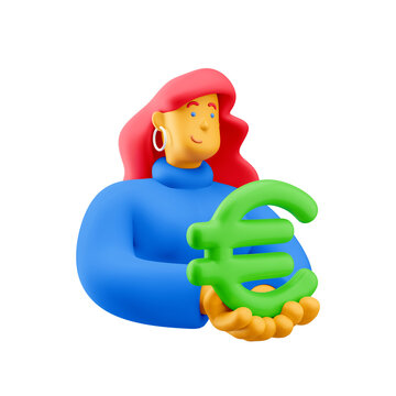 3d illustration. Cartoon girl 3d character with euro sign. Financial concept.