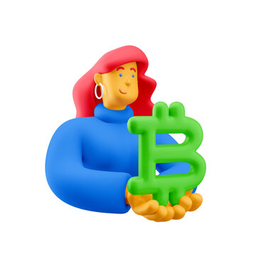 3d illustration. Cartoon girl 3d character with bitcoin sign. Cryptocurrency  concept.