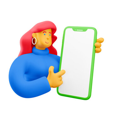 3d illustration. Cartoon girl 3d character with big phone. Social media concept.