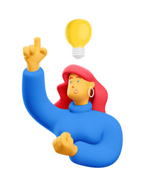 3d illustration. Cartoon girl 3d character with bulb. Creativity and innovation concept.