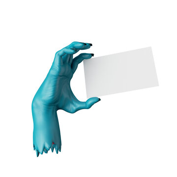 3d render, creepy blue zombie hand holds blank card template. Halloween clip art isolated on transparent background
