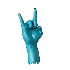 3d render, blue zombie hand rock gesture, Halloween clip art isolated on transparent background