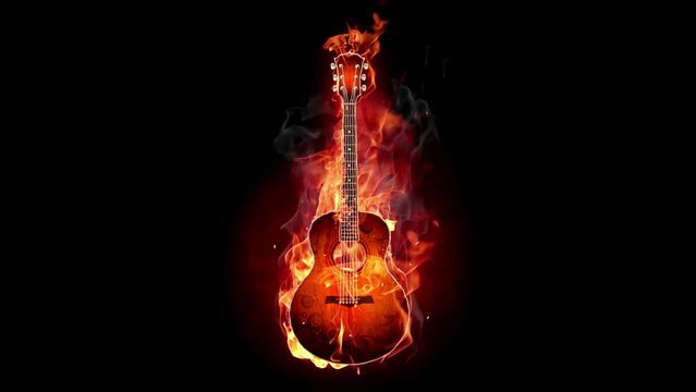 Burning guitar on a black background. Slow motion fire flames with sparks. 