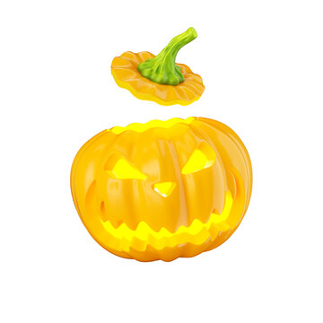 3d render, pumpkin with scary face. Jack o'lantern character. Halloween clip art isolated on transparent background