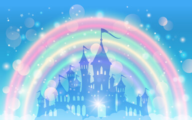 Magic blue castle with rainbow. Vector background. © Natalia