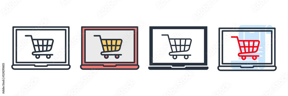 Poster online shopping icon logo vector illustration. computer display with shopping cart symbol template f