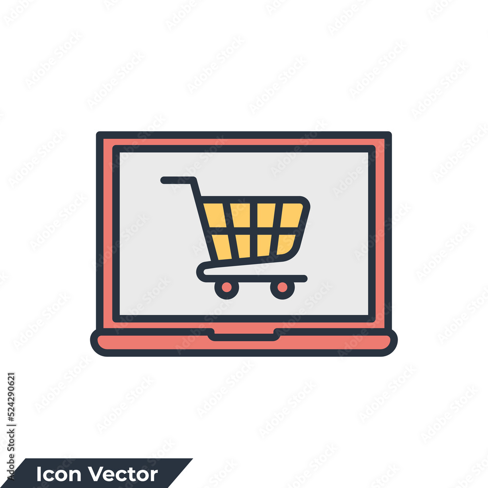 Poster online shopping icon logo vector illustration. computer display with shopping cart symbol template f