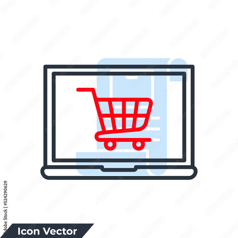 Poster online shopping icon logo vector illustration. computer display with shopping cart symbol template f