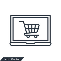 online shopping icon logo vector illustration. Computer display with shopping cart symbol template for graphic and web design collection