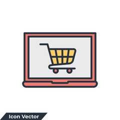 online shopping icon logo vector illustration. Computer display with shopping cart symbol template for graphic and web design collection