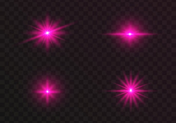 Set of glowing light stars with sparkles. Transparent shining sun, star explodes and bright flash. Pink bright illustration starburst.