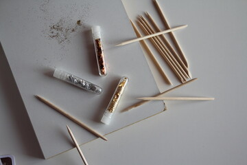 Tools for manicure and pedicure on a light background. Content for the nailmaster. Necessary materials when working in a beauty salon.