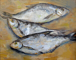 Three fresh fishes, oil painting 