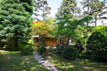 Old traditional wood house in a japanese garden