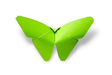 Green paper butterfly origami isolated on a white background - obrazy, fototapety, plakaty