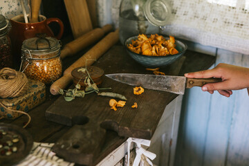 cute farmer boy in casual clothes sit at table on veranda of country village house with vegetables and chanterelle mushrooms, eco-friendly food from garden, autumn harvesting