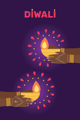 Happy Diwali celebration city background Sky lanterns. Illuminated oil lamps (Diya) in hands. Mehendi