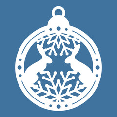 Temlate of laser cut Christmas ball with rabbits and snowflakes. Sample for a New Years card, invitation to a Christmas party. For printing, laser, paper or plotter cutting. Vector illustration.